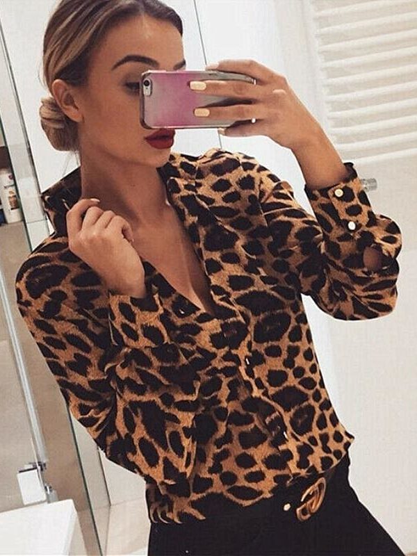 The Best Fashion Women Leopard Print Long Sleeve Tops Shirt Loose OL Ladies Shirts V-Neck Party Autumn Loose Irregular T-Shirt Online - Takalr