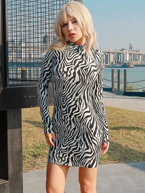 The Best Fashion Women Leopard Print Midi Dress Elegant Lady Long Sleeve Crew Neck Party Wrap Slim Fit Pencil Dress Online - Takalr