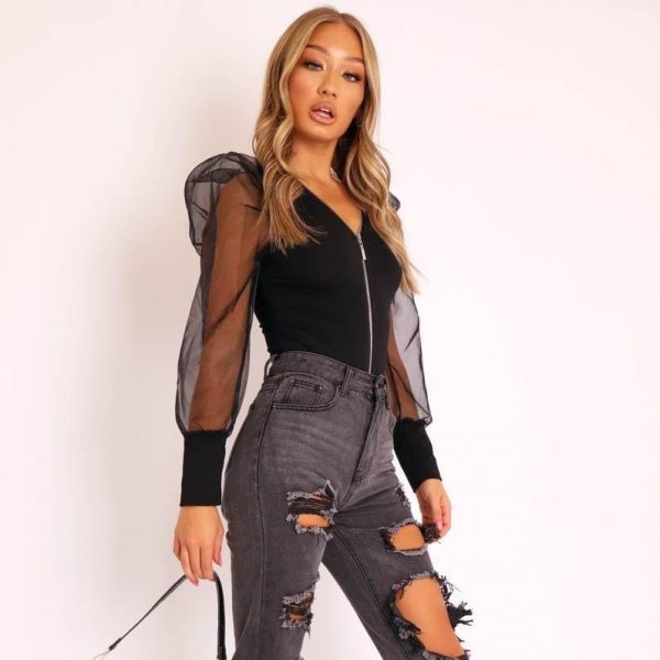 The Best Fashion Women Leotard Bodysuit Tops Autumn Ladies Mesh Zipper Puff Sleeve Solid Romper Jumpsuit Clubwear Online - Takalr