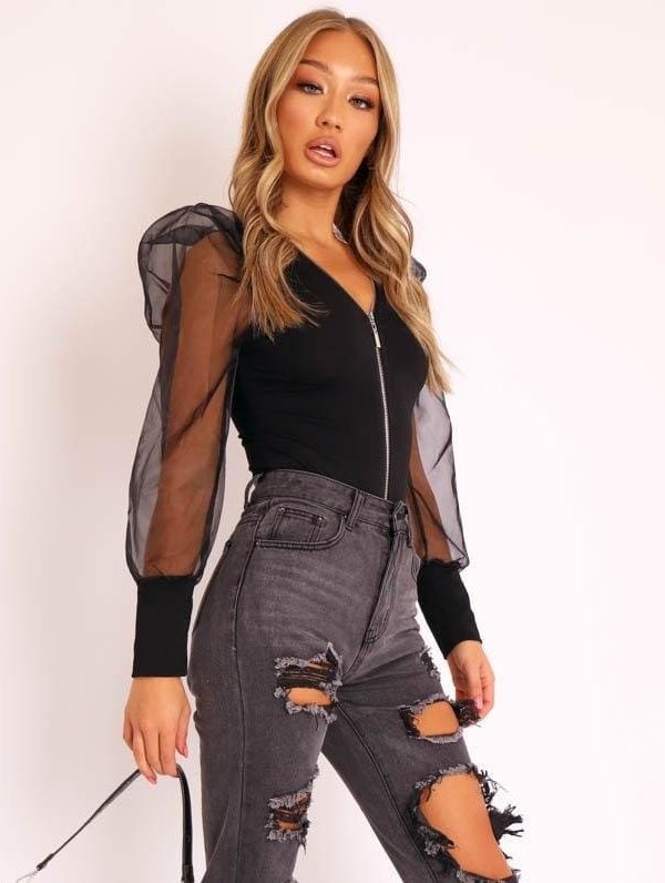 The Best Fashion Women Leotard Bodysuit Tops Autumn Ladies Mesh Zipper Puff Sleeve Solid Romper Jumpsuit Clubwear Online - Takalr