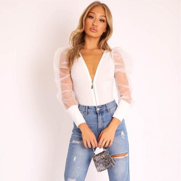 The Best Fashion Women Leotard Bodysuit Tops Autumn Ladies Mesh Zipper Puff Sleeve Solid Romper Jumpsuit Clubwear Online - Takalr