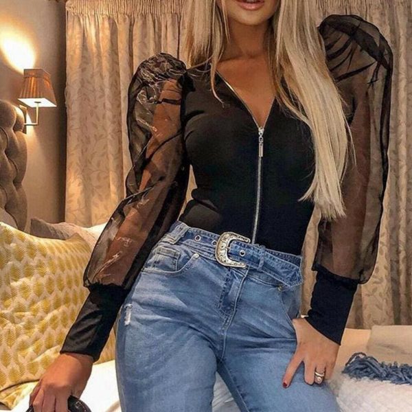 The Best Fashion Women Leotard Bodysuit Tops Autumn Ladies Mesh Zipper Puff Sleeve Solid Romper Jumpsuit Clubwear Online - Takalr