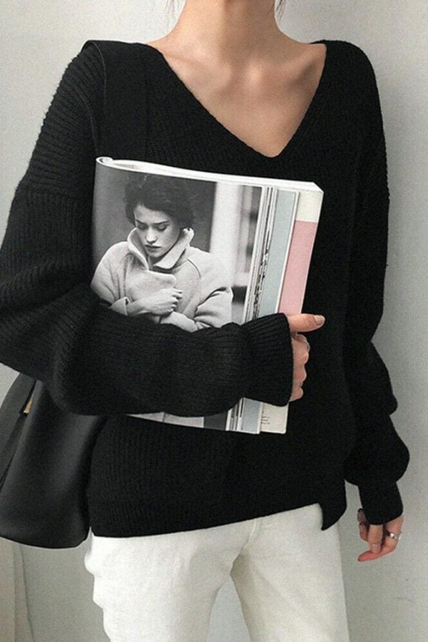 The Best Fashion Women Long Sleeve Knitted Sweater Knitwear Jumper Outwear Autumn Winter Casual Tops Pullover V neck Sweaters One Size Online - Takalr