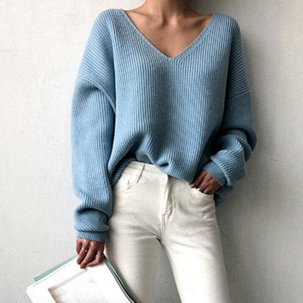 The Best Fashion Women Long Sleeve Knitted Sweater Knitwear Jumper Outwear Autumn Winter Casual Tops Pullover V neck Sweaters One Size Online - Takalr