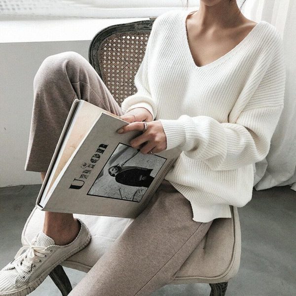 The Best Fashion Women Long Sleeve Knitted Sweater Knitwear Jumper Outwear Autumn Winter Casual Tops Pullover V neck Sweaters One Size Online - Takalr