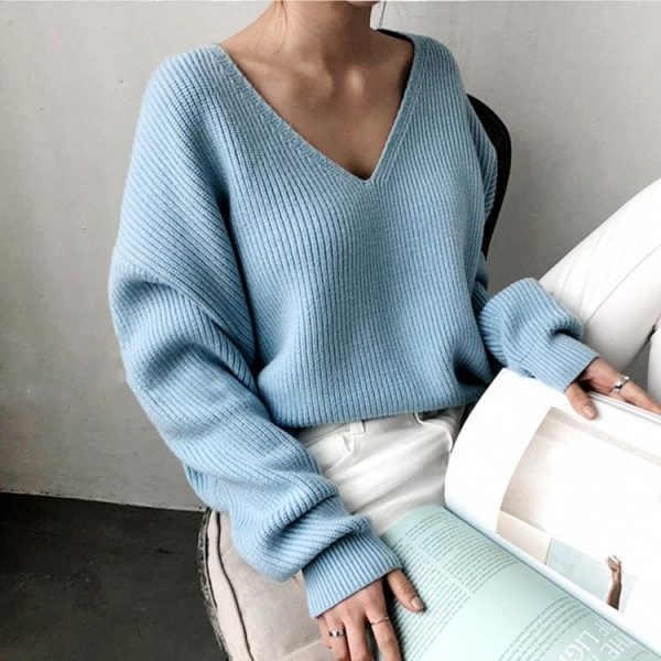 The Best Fashion Women Long Sleeve Knitted Sweater Knitwear Jumper Outwear Autumn Winter Casual Tops Pullover V neck Sweaters One Size Online - Takalr