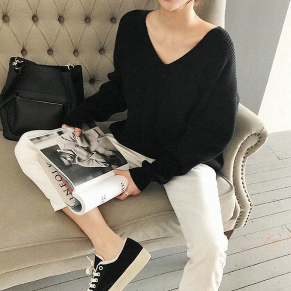 The Best Fashion Women Long Sleeve Knitted Sweater Knitwear Jumper Outwear Autumn Winter Casual Tops Pullover V neck Sweaters One Size Online - Takalr