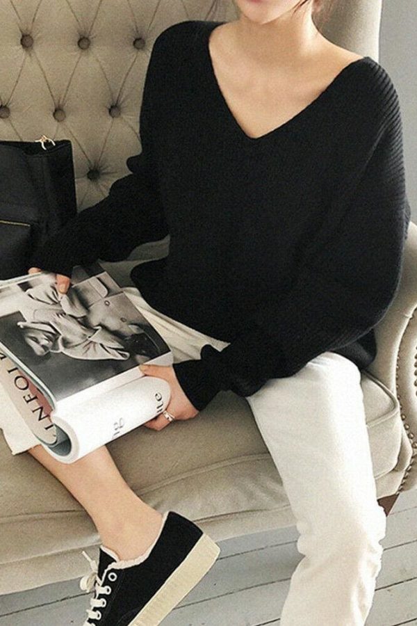 The Best Fashion Women Long Sleeve Knitted Sweater Knitwear Jumper Outwear Autumn Winter Casual Tops Pullover V neck Sweaters One Size Online - Takalr