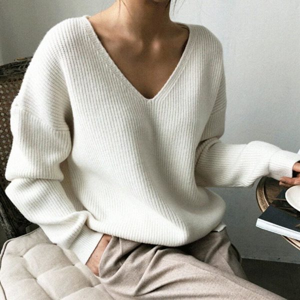 The Best Fashion Women Long Sleeve Knitted Sweater Knitwear Jumper Outwear Autumn Winter Casual Tops Pullover V neck Sweaters One Size Online - Takalr