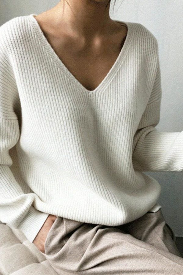 The Best Fashion Women Long Sleeve Knitted Sweater Knitwear Jumper Outwear Autumn Winter Casual Tops Pullover V neck Sweaters One Size Online - Takalr