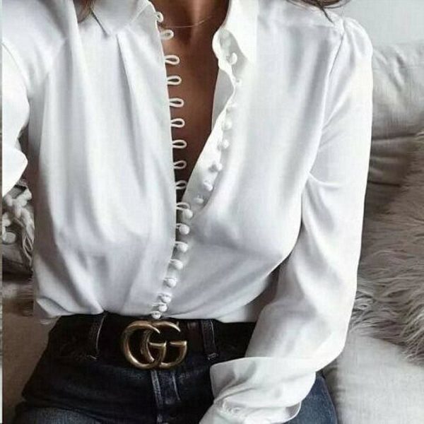 The Best Fashion Women Long Sleeve Loose Chiffon Blouse OL Ladies Summer V Neck Casual Shirt Tops Women Clothes Online - Takalr