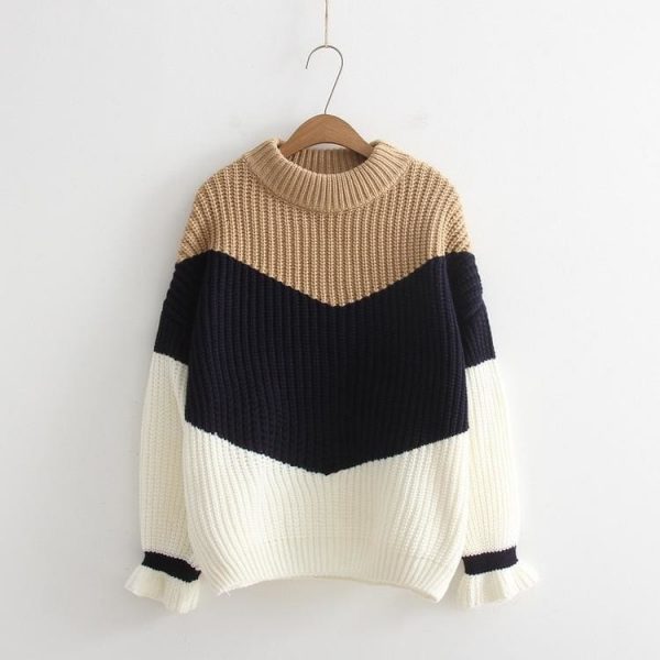 The Best Fashion Women Long Sleeve Loose Knitted Sweater Lady Girls Winter Jumper Knitwear Outwear Casual Patchwork Tops Sweater Online - Takalr