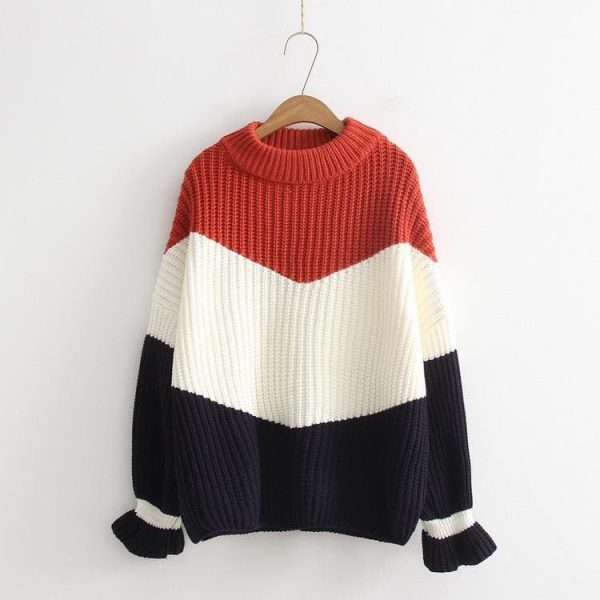 The Best Fashion Women Long Sleeve Loose Knitted Sweater Lady Girls Winter Jumper Knitwear Outwear Casual Patchwork Tops Sweater Online - Takalr