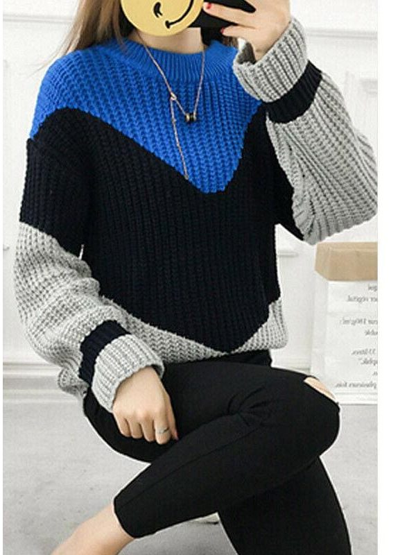 The Best Fashion Women Long Sleeve Loose Knitted Sweater Lady Girls Winter Jumper Knitwear Outwear Casual Patchwork Tops Sweater Online - Takalr