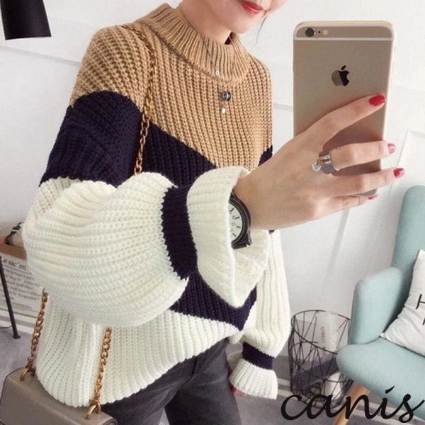 The Best Fashion Women Long Sleeve Loose Knitted Sweater Lady Girls Winter Jumper Knitwear Outwear Casual Patchwork Tops Sweater Online - Takalr