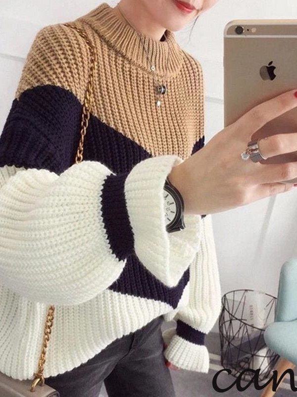 The Best Fashion Women Long Sleeve Loose Knitted Sweater Lady Girls Winter Jumper Knitwear Outwear Casual Patchwork Tops Sweater Online - Takalr