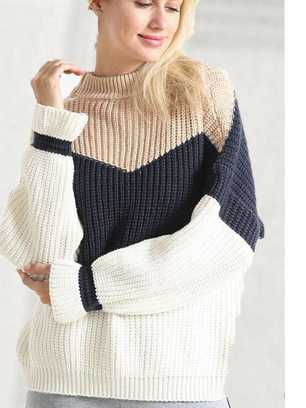 The Best Fashion Women Long Sleeve Loose Knitted Sweater Lady Girls Winter Jumper Knitwear Outwear Casual Patchwork Tops Sweater Online - Takalr