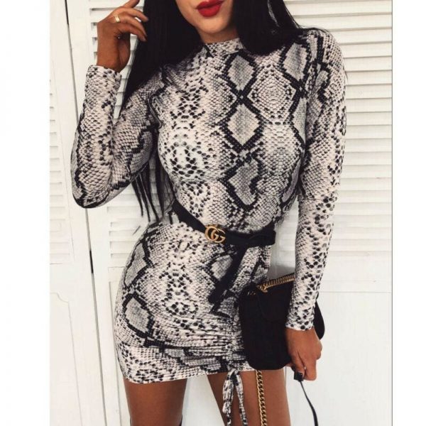 The Best Fashion Women Long Sleeve Snake Print Bodycon Dress Sexy Ladies Long Sleeve Clubwear Slim Fit Short Mini Dress Online - Takalr