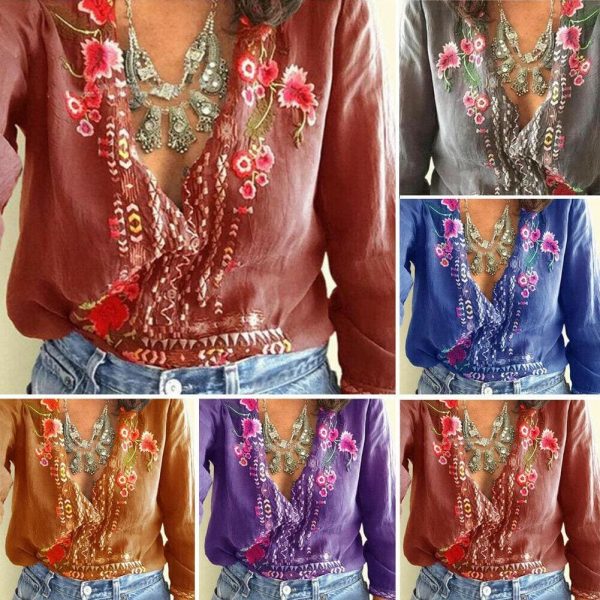 The Best Fashion Women Long Sleeve V-Neck Blouses Ladies Summer Floral Printed Casual V-Neck Loose Tops Shirt Plus Size Online - Takalr