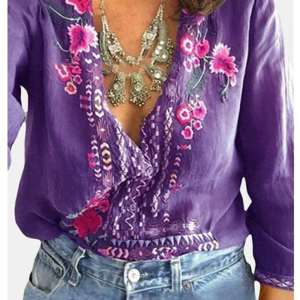 The Best Fashion Women Long Sleeve V-Neck Blouses Ladies Summer Floral Printed Casual V-Neck Loose Tops Shirt Plus Size Online - Takalr