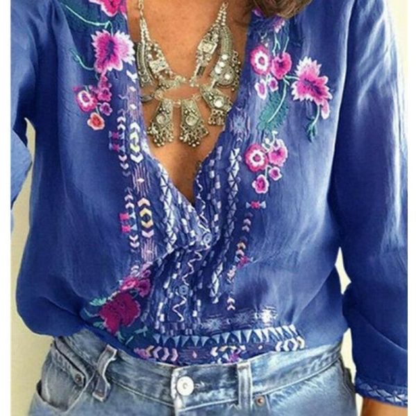 The Best Fashion Women Long Sleeve V-Neck Blouses Ladies Summer Floral Printed Casual V-Neck Loose Tops Shirt Plus Size Online - Takalr