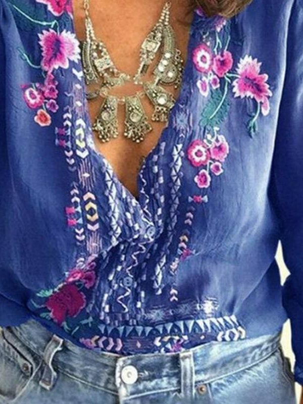 The Best Fashion Women Long Sleeve V-Neck Blouses Ladies Summer Floral Printed Casual V-Neck Loose Tops Shirt Plus Size Online - Takalr