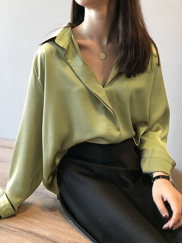 The Best Fashion Women Fashion Long Sleeves Satin Blouse Top Casual Female Lapel Street Shirts Elegant Imitation Silk Blouse Online - Takalr