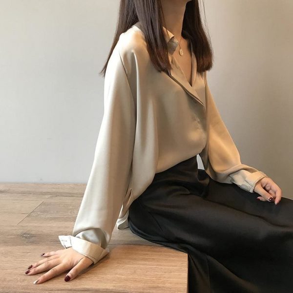 The Best Fashion Women Fashion Long Sleeves Satin Blouse Top Casual Female Lapel Street Shirts Elegant Imitation Silk Blouse Online - Takalr