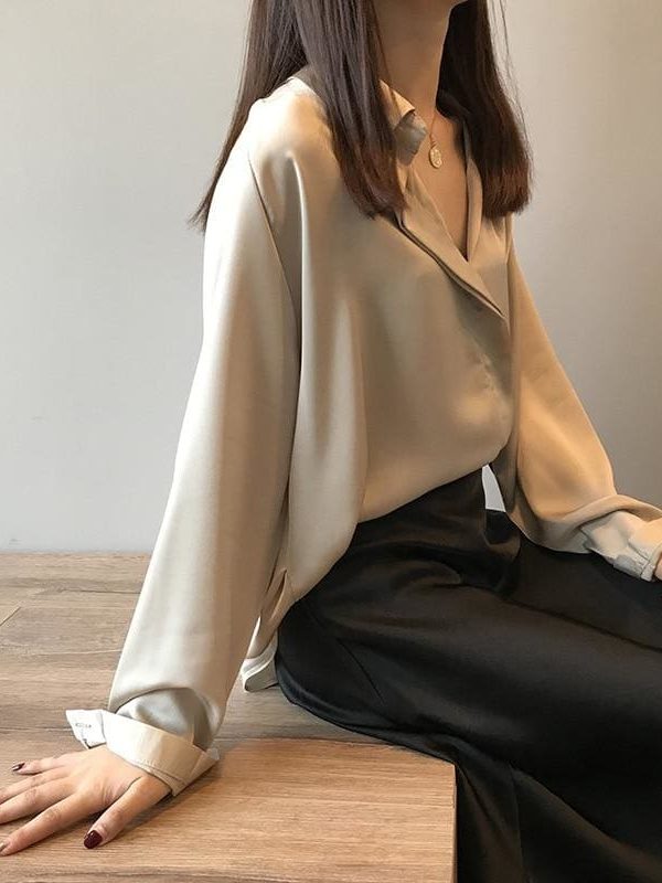 The Best Fashion Women Fashion Long Sleeves Satin Blouse Top Casual Female Lapel Street Shirts Elegant Imitation Silk Blouse Online - Takalr