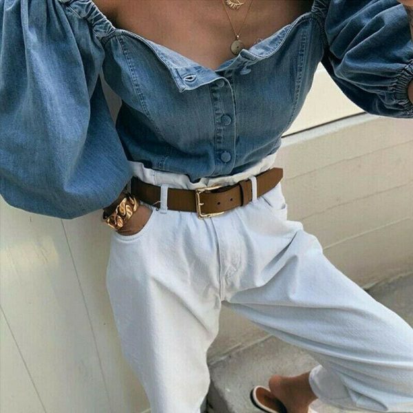 The Best Fashion Women Loose Off Shoulder Blouse Denim Lantern Sleeve Blouse Shirt Ladies Tops Big Size Baggy Vintage Shirt Female Blusas Online - Source Silk