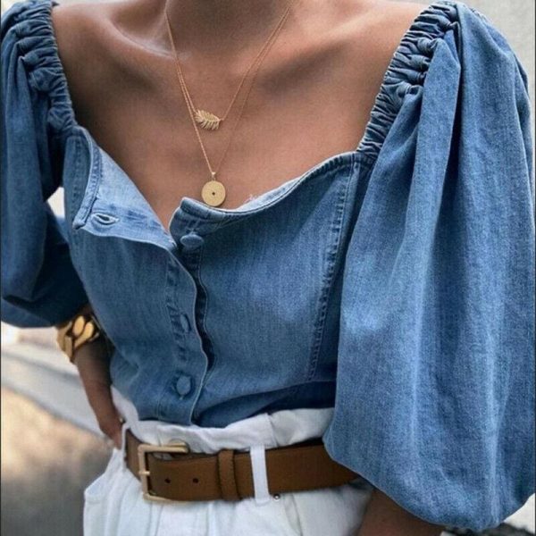 The Best Fashion Women Loose Off Shoulder Blouse Denim Lantern Sleeve Blouse Shirt Ladies Tops Big Size Baggy Vintage Shirt Female Blusas Online - Source Silk