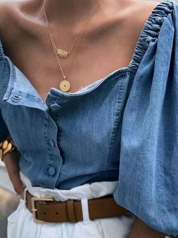 The Best Fashion Women Loose Off Shoulder Blouse Denim Lantern Sleeve Blouse Shirt Ladies Tops Big Size Baggy Vintage Shirt Female Blusas Online - Source Silk