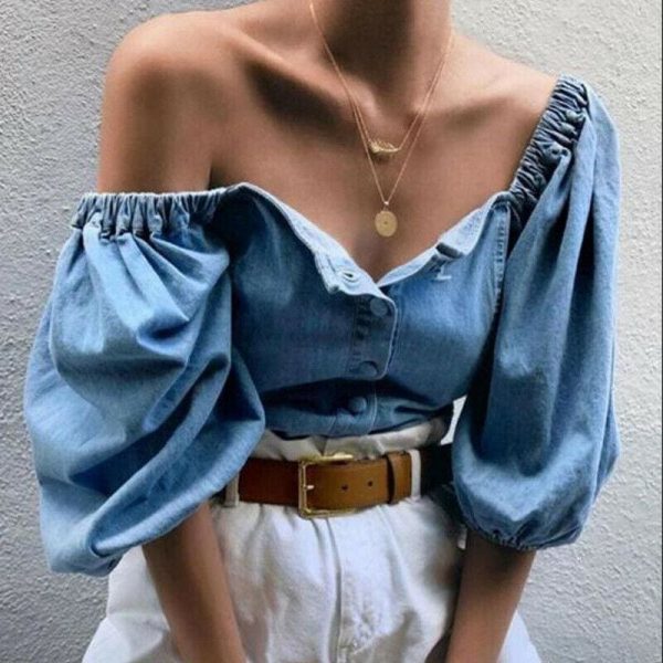 The Best Fashion Women Loose Off Shoulder Blouse Denim Lantern Sleeve Blouse Shirt Ladies Tops Big Size Baggy Vintage Shirt Female Blusas Online - Source Silk