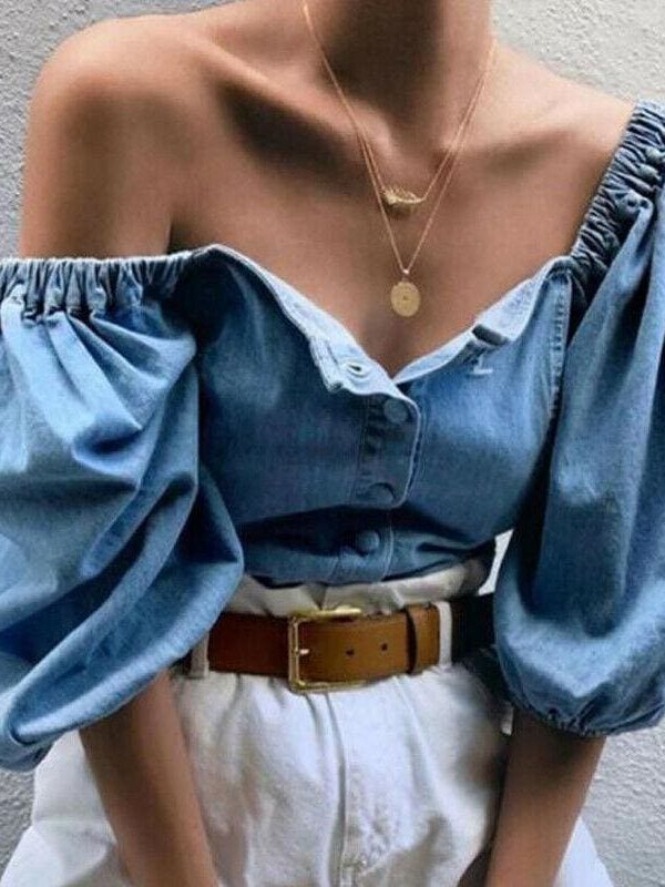 The Best Fashion Women Loose Off Shoulder Blouse Denim Lantern Sleeve Blouse Shirt Ladies Tops Big Size Baggy Vintage Shirt Female Blusas Online - Source Silk