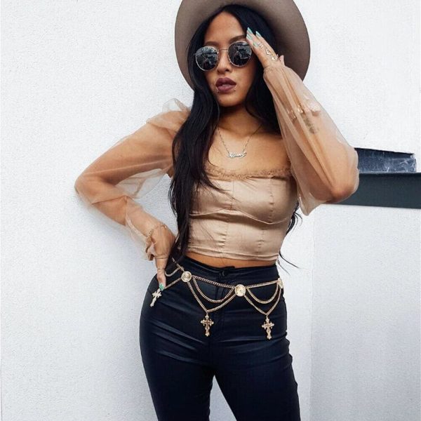 The Best Fashion Women Mesh Puff Sleeve Cropped Tops T-Shirt Sexy Ladies Summer Autumn Holiday Casual Slim Tops Shirt Online - Source Silk