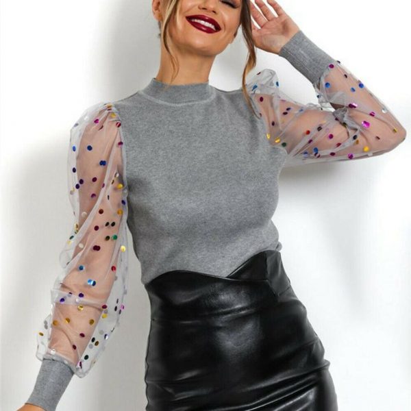 The Best Fashion Women Mesh Sheer Bling Puff Sleeve Jumper Knitwear Tops Shirt Ladies Autumn Casual Slim Fit Blouse Online - Source Silk