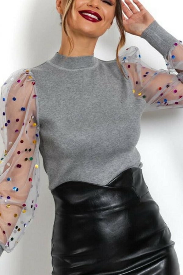 The Best Fashion Women Mesh Sheer Bling Puff Sleeve Jumper Knitwear Tops Shirt Ladies Autumn Casual Slim Fit Blouse Online - Source Silk