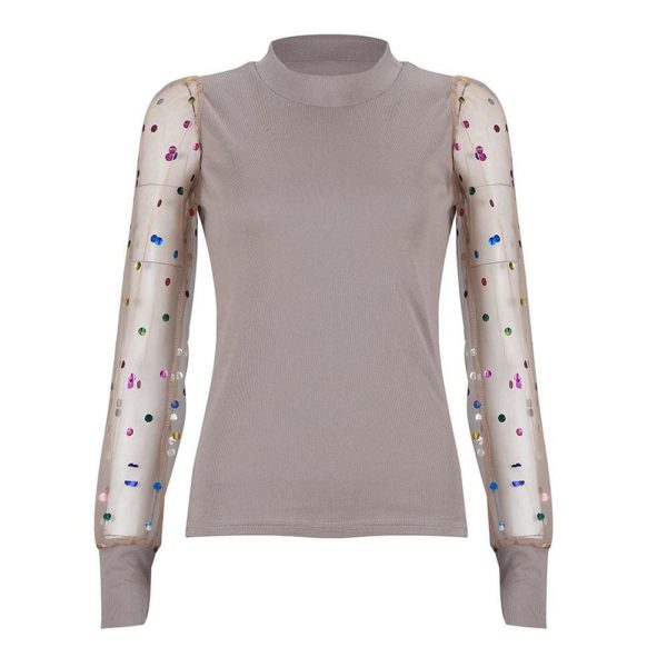 The Best Fashion Women Mesh Sheer Bling Puff Sleeve Jumper Knitwear Tops Shirt Ladies Autumn Casual Slim Fit Blouse Online - Source Silk