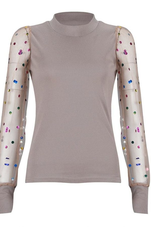 The Best Fashion Women Mesh Sheer Bling Puff Sleeve Jumper Knitwear Tops Shirt Ladies Autumn Casual Slim Fit Blouse Online - Source Silk