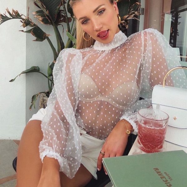 The Best Fashion Women Mesh Sheer Long Puff Sleeve Blouse Pullover Loose Jumper Tops Sexy Blouses Streetwear Women Cloth Online - Source Silk