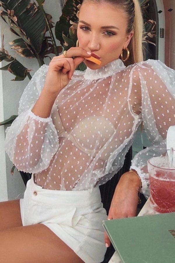 The Best Fashion Women Mesh Sheer Long Puff Sleeve Blouse Pullover Loose Jumper Tops Sexy Blouses Streetwear Women Cloth Online - Source Silk