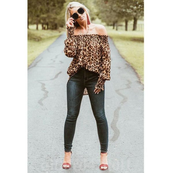 The Best Fashion Women Off Shoulder Blouse Hot Sexy Ladies Leopard Print Long Sleeve Loose Holiday Casual Blouse Tops Online - Source Silk