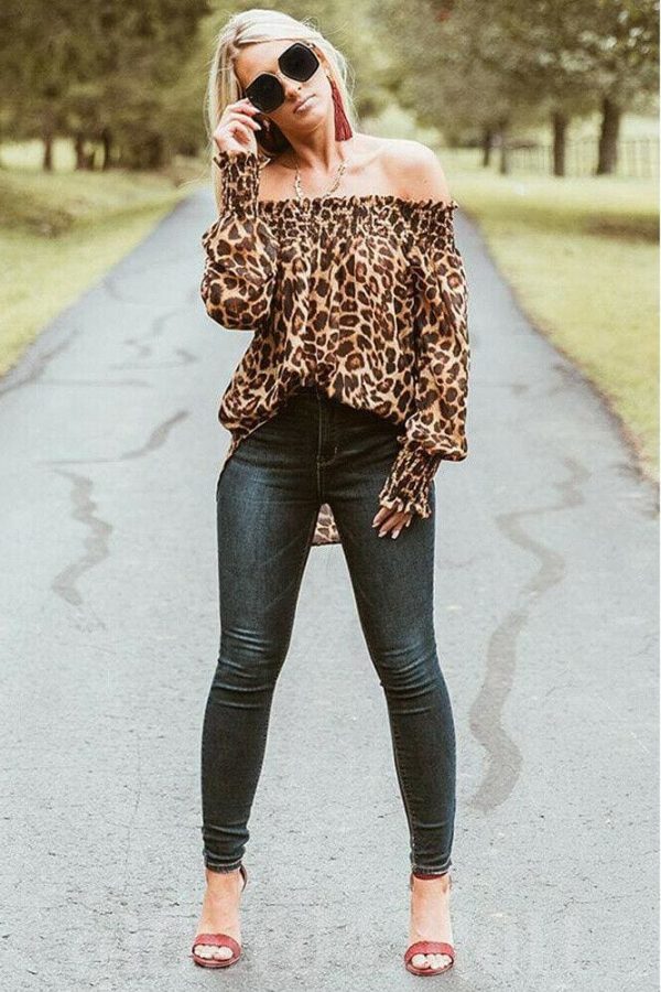 The Best Fashion Women Off Shoulder Blouse Hot Sexy Ladies Leopard Print Long Sleeve Loose Holiday Casual Blouse Tops Online - Source Silk