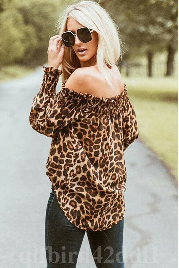 The Best Fashion Women Off Shoulder Blouse Hot Sexy Ladies Leopard Print Long Sleeve Loose Holiday Casual Blouse Tops Online - Source Silk