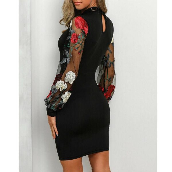 The Best Fashion Women Office Wear Dress Bodycon Casual Ladies Boho Floral Long Sleeve Lace Mesh Sexy Pencil Dress Online - Source Silk