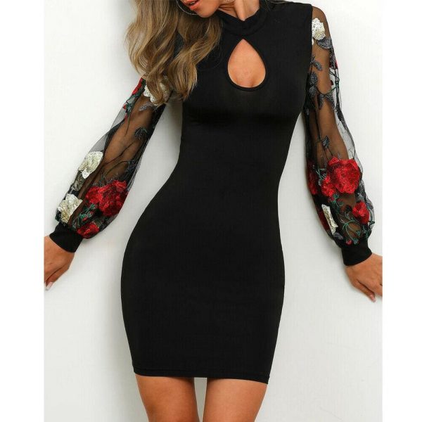 The Best Fashion Women Office Wear Dress Bodycon Casual Ladies Boho Floral Long Sleeve Lace Mesh Sexy Pencil Dress Online - Source Silk