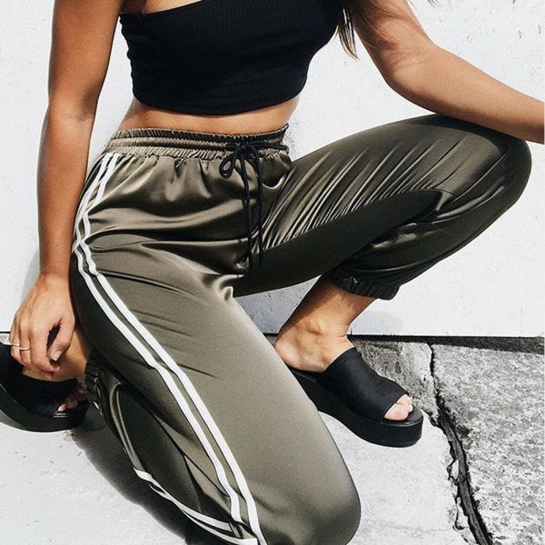 The Best Fashion Women Pants Side Striped Loose Drawstring Elastic High Waist Slim Pencil Ladies Casual Long Trouser Online - Source Silk