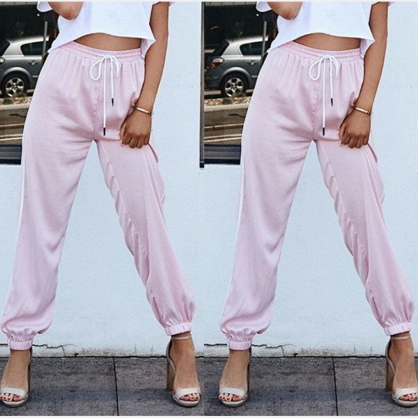 The Best Fashion Women Pants Side Striped Loose Drawstring Elastic High Waist Slim Pencil Ladies Casual Long Trouser Online - Source Silk