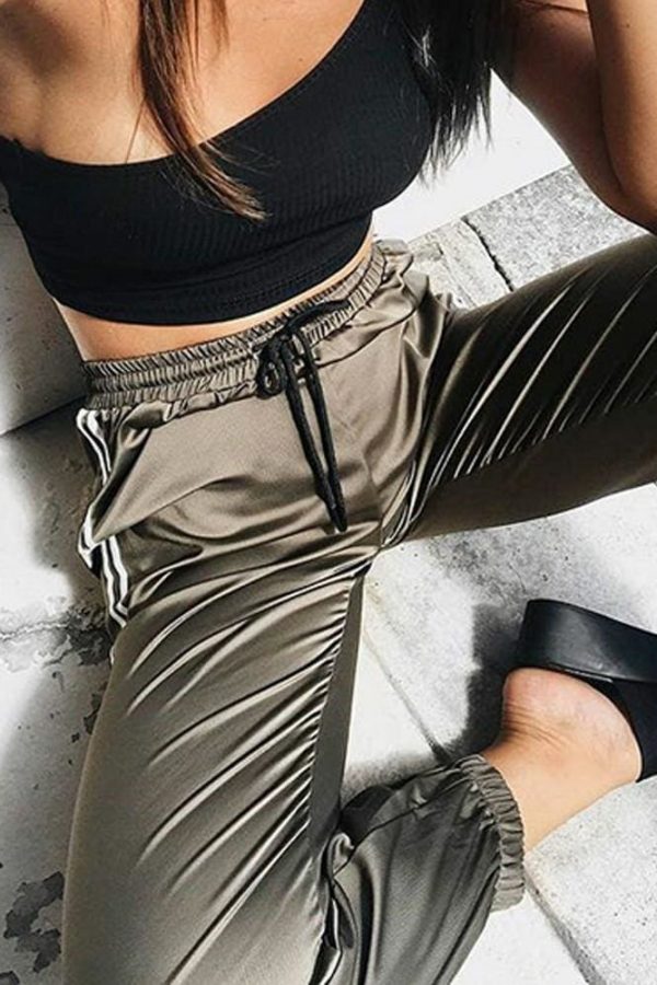 The Best Fashion Women Pants Side Striped Loose Drawstring Elastic High Waist Slim Pencil Ladies Casual Long Trouser Online - Source Silk