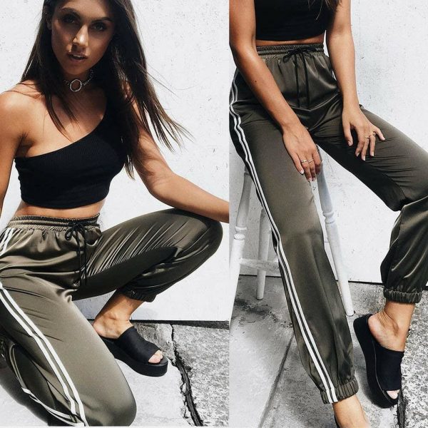 The Best Fashion Women Pants Side Striped Loose Drawstring Elastic High Waist Slim Pencil Ladies Casual Long Trouser Online - Source Silk